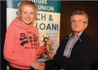  ??  ?? Nancy Lehane(Meelin), Seanos Dance winner pictured with Liam Buckley, Chairman, Duhallow Scór after their victory in the Kanturk Credit Union Duhallow Scór na nÓg Final. Picture John Tarrant