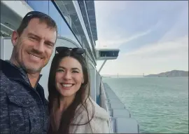  ?? COURTESY OF KRISTIAN RIESE ?? Kristian Riese, a pilot from Guam, left, and his girlfriend Asha Burgess, from Houston, were relieved to sail into San Francisco Bay on Monday.