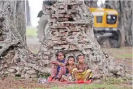  ??  ?? ALLAHABAD: Indian children shelter under a tree during rain. — AFP