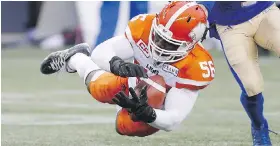  ?? CP ?? Injured in Saturday’s B.C. win over the Winnipeg Blue Bombers, Solomon Elimimian is out for at least four weeks after having surgery on his hand or wrist on Tuesday.