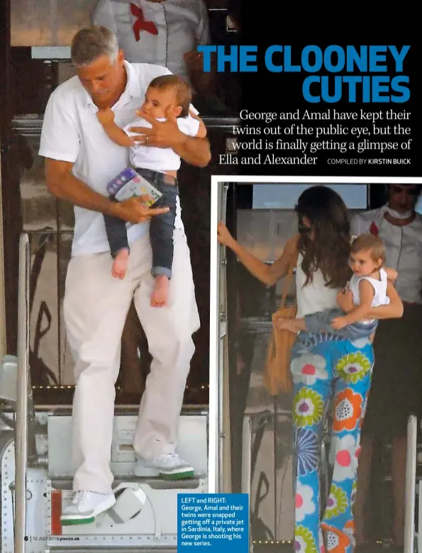  ??  ?? LEFT and RIGHT: George, Amal and their twins were snapped getting off a private jet in Sardinia, Italy, where George is shooting his new series.