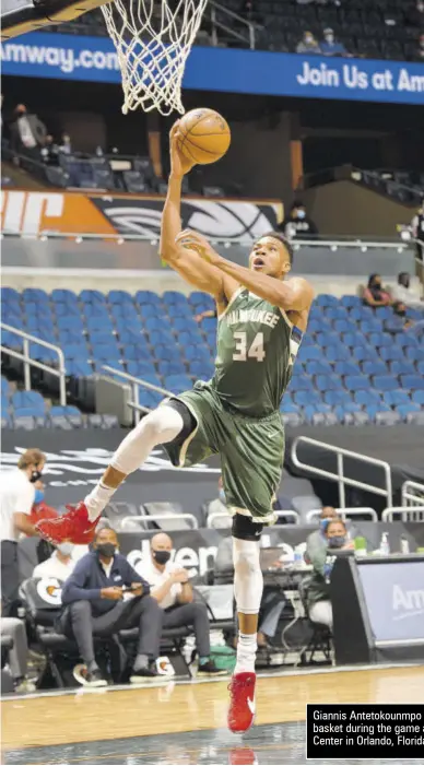  ?? (Photo: AFP) ?? Giannis Antetokoun­mpo of the Milwaukee Bucks drives to the basket during the game against the Orlando Magic at Amway Center in Orlando, Florida, on Monday.