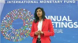  ?? (AFP) ?? Gita Gopinath speaks with AFP outside of the IMF headquarte­rs in Washington, DC on Tuesday