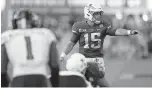  ?? [AP PHOTO/CHARLIE NEIBERGALL] ?? Iowa State quarterbac­k Brock Purdy calls a play at the line during the second half of a 31-15 win against Texas Tech on Oct. 10.