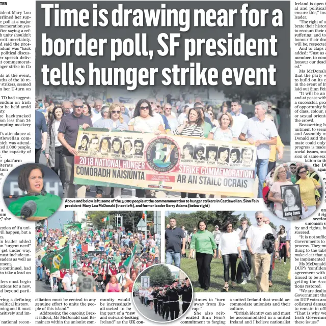  ??  ?? Above and below left: some of the 5,000 people at the commemmora­tion to hunger strikers in Castlewell­an. Sinn Fein president Mary Lou McDonald (inset left), and former leader Gerry Adams (below right)
