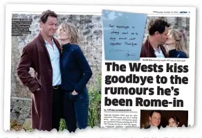  ??  ?? Shoulder to shoulder:
Dominic West and his wife Catherine pose outside their home in Wiltshire yesterday PICTURES: SPLASH
Nuzzle to see here... How Metro covered West’s reunion with his wife Catherine