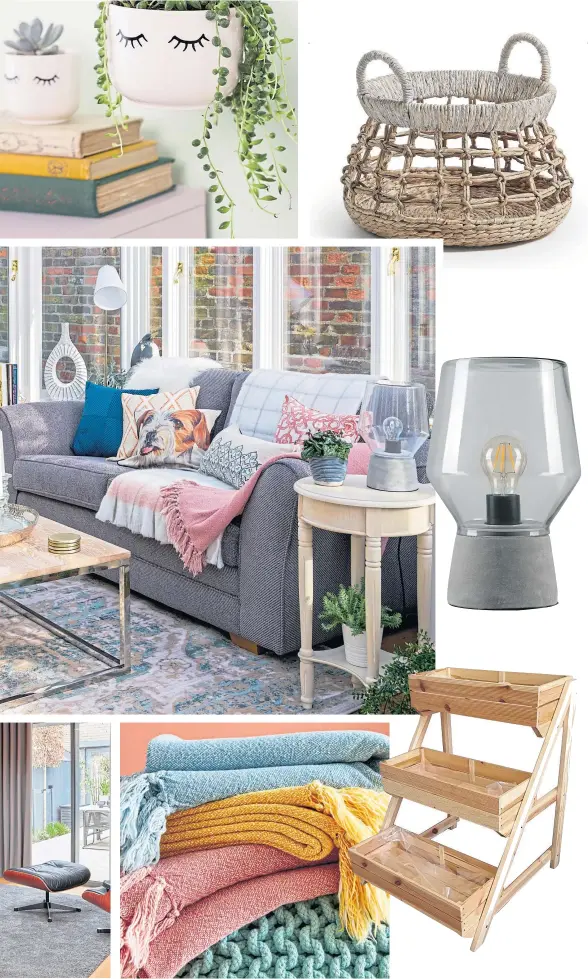  ?? Pictures: PA. ?? Clockwise from main image: Lorraine Kelly’s conservato­ry; Greenbrier wicker basket, £29.99; cement tumbler 24cm table lamp, £31.99; Rivas wooden vertical garden £95.99; Madura waterfall throws, £125.99 each, all from Wayfair; George Clarke’s purpose built home office; Caywood cushion cover, £22.99, Briana hanging chair, £82.99, Madura waterfall throw, £125.99, Lytle ceramic hanging basket, £34.99, all Wayfair.