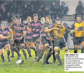  ??  ?? Ayr chase Blair McPherson man handles Scott McGinley as Lewis Anderson, George Stokes, Steven Longwell and Rob McAlpine pursue the ball