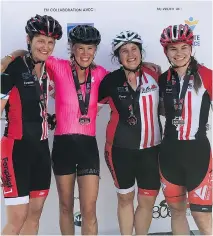  ?? SCOTT LIVINGSTON ?? Active moms Wendy Hunt, left, Kelly Christie, Corinna Wilson and Jaime Sochasky-Livingston celebrate after completing a 102-kilometre bicycle road race in September.