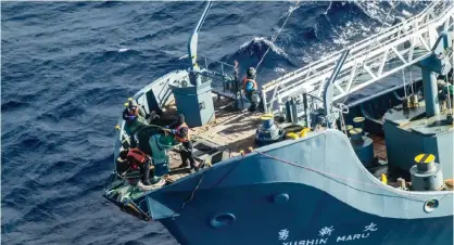  ??  ?? AT SEA: This handout photo shows an image taken from a helicopter of crew members of the Yushin Maru, part of the Japanese whaling fleet, scrambling to cover their harpoon at sea in Antarctic waters. —AFP photos