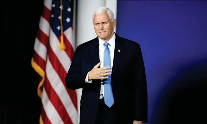  ?? Photograph: Gage Skidmore/ZUMA Press Wire/Shuttersto­ck ?? Mike Pence, the former vice-president, speaks at the Republican Jewish Coalition's 2023 Annual Leadership Summit in Las Vegas, Nevada, on 28 October.