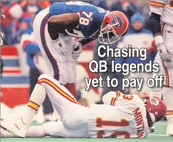  ??  ?? THROWN OFF: The Chiefs won just one playoff game with aging Joe Montana as quarterbac­k. Big-name signal callers who changed teams in the twilight of their career have yet to deliver a Super Bowl title.