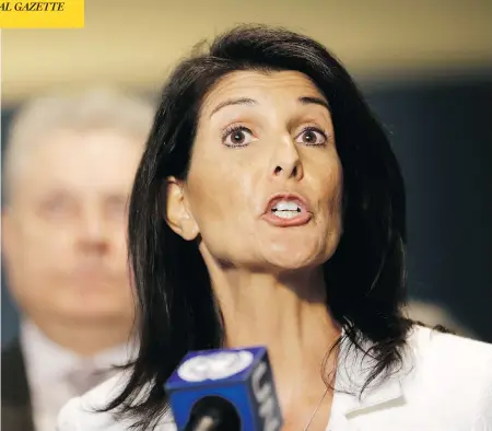  ?? SETH WENIG / THE ASSOCIATED PRESS ?? United States Ambassador to the United Nations Nikki Haley said in a television interview broadcast Sunday that there is no question Russia was involved in the U.S. presidenti­al election and that the actions of the Kremlin will be addressed after...