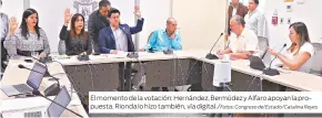  ?? Congreso del Estado/Catalina Reyes ?? El momento de la votación: Hernández, Bermúdez y Alfaro apoyan la propuesta. Rionda lo hizo también, vía digital./Fotos: