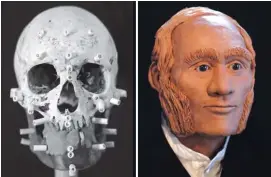  ??  ?? The skull of a Franklin expedition crew member, left, discovered in 1859, was used by forensic artist Diana Trepkov to create a likeness of John Gregory, right, the first crew member to be identified via DNA testing.