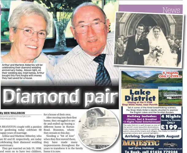  ??  ?? Arthur and Marlene Abberley will be celebratin­g their diamond wedding anniversar­y today. Above right, on their wedding day. Inset below, Arthur bought this Ford Anglia with money they had saved for a house.