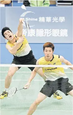  ??  ?? CRUNCH: Malaysia’s Lim Khim Wah (left) and Goh V Shem play against South Korea’s Lee Yong-dae and Ko Sung-hyun during their men’s doubles semi-final match at the Badminton Asia Championsh­ips in Taipei Arena, April 20 file photo. — Reuters photo