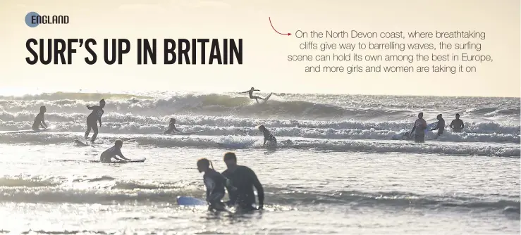  ?? PHOTOS: MARY TURNER/NYT ?? ABOVE
A view of the surfing scene on Croyde Beach in North Devon.