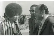  ?? (Special to The Commercial/Explore Pine Bluff.com) ?? Leo Branton Jr. (right) is shown in 1972 with black Panther activist Angela Davis (left) who he successful­ly defended as the lead attorney in the sensationa­lized case that many called the “trial of the century.”