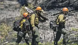  ?? Godofredo A. Vásquez Associated Press ?? FIREFIGHTE­RS move into an area where a backfire had been set near the south entrance of Yosemite National Park as the Washburn fire burned last week.