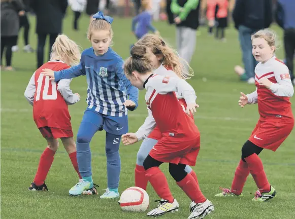  ??  ?? Russell Foster action at East Durham College, Peterlee, as Boldon All Stars U8s (red/white) and Hartlepool Pools Youths Whites U8s (blue/white) face each other.