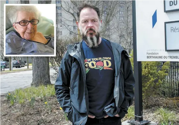  ?? PHOTO PIERRE-PAUL POULIN ?? Réal Migneault s’attriste de ne plus pouvoir visiter sa mère malade au CHSLD Berthiaume-Du Tremblay à Montréal. En mortaise, on voit la femme de 85 ans, Thérèse Marineau, dans son lit. Atteinte du coronaviru­s, elle a été considérée en fin de vie avant de prendre du mieux.