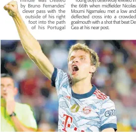  ?? AP ?? Bayern’s Thomas Mueller celebrates after scoring the opening goal during the Champions League Group E match against Barcelona at Camp Nou stadium in Barcelona, Spain, yesterday.