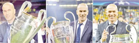  ?? — AFP photo ?? A combinatio­n of file photos shows Real Madrid coach Zinedine Zidane holding the UEFA Champions League trophy in (from left) 2016, 2017 and 2018.