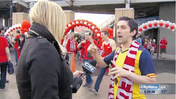  ?? CityNews ?? CityNews reporter Shauna Hunt interviews Shawn Simoes outside a Toronto FC game on Sunday. Hunt was the latest woman to be heckled by men shouting sexually explicit comments as she tried to do a news story. A Hydro One Engineer, Simoes has been fired for supporting the vulgarity.