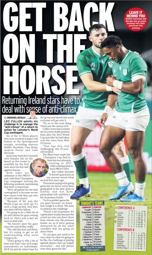  ??  ?? LEAVE IT BEHIND YOU Robbie Henshaw and Bundee Aki are back involved with their provinces this evening