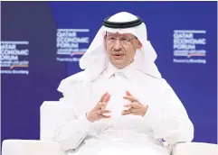  ?? BLOOMBERG ?? Prince Abdulaziz bin Salman, Saudi Arabia’s energy minister, speaks at the Qatar Economic Forum in Doha yesterday.