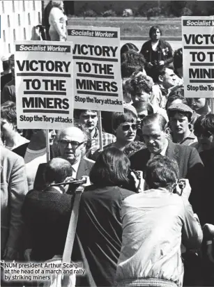  ?? ?? NUM president Arthur Scargill at the head of a march and rally by striking miners