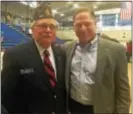  ?? PEG DEGRASSA — DIGITAL FIRST MEDIA ?? Commander John McComb of Marple Post 805 in Broomall was in the audience of the Rockin’ With The Troops 2 concert Saturday with his wife Eileen. McComb is pictured with Delaware County Councilman Dave White, right, one of the night’s honorees.