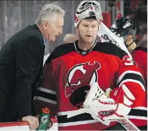  ?? BRUCE BENNETT/GETTY IMAGES/FILES ?? Former New Jersey Devils coach Larry Robinson and former Devils goalie Martin Brodeur are reunited again in St. Louis, where Brodeur serves as assistant general manager and Robinson was recently hired as senior consultant to hockey operations.