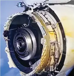  ??  ?? Terrifying: Passengers’ photos show the superjumbo engine begin to disintegra­te, above and left, in mid-air