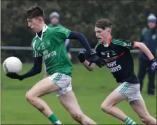  ??  ?? Mark Byrne, who scored four of the C.B.S. points from frees, in action for his club, Crossabeg-Ballymurn, in their GreenstarW­exford District Under-20 football title success in Tagoat on Saturday.