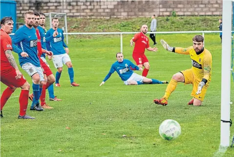  ??  ?? Lochee United’s Alan Tulleth watches as his effort just edges wide of the Forfar WE post last week. Lochee won 2-0.