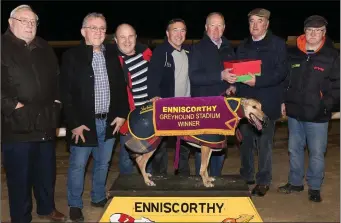  ??  ?? Likeable Light, winner of the recent Henry Kelly A4 575 Stake final, with Paul Cahill, John Hand, Andy Hand, Frank Rennicks, John Brady (owner), Henry Kelly (sponsor) and Ed Carroll.