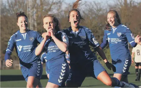  ??  ?? Beth Hepple (second left) celebrates scoring with Nikki Gears, Rachel Lee and Emily Roberts. Pictures by Sue Gutteridge.