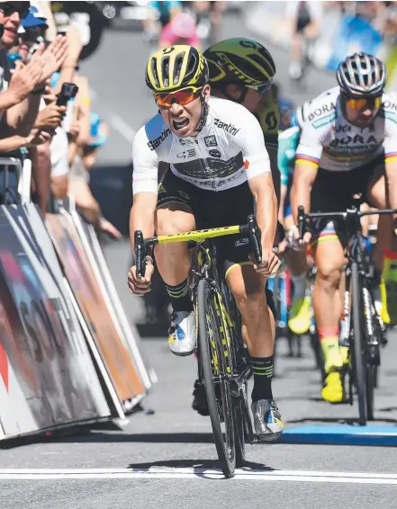  ?? Picture: AAP IMAGE ?? Caleb Ewan crosses the finish line to win stage two of the Tour Down Under from Unley to Stirling.