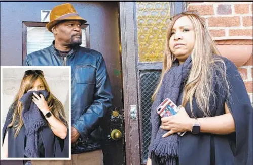  ??  ?? HUD administra­tor Lynne Patton (right) meets Tenants Associatio­n President Leonard Jones, her host at NYCHA’s Fenimore-Lefferts Houses in Brooklyn on Tuesday. Later, she covers her nose during tour of stinky basement. Below, chipped paint and mold at project.