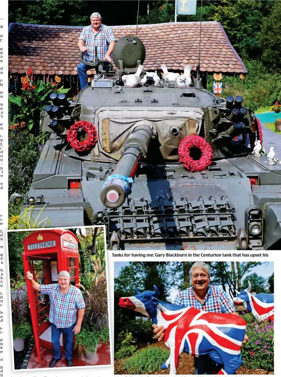  ??  ?? London calling: There’s even a red phone box Tanks for having me: Gary Blackburn in the Centurion tank that has upset his Moo Britannia: One of his red, white and blue painted model cows