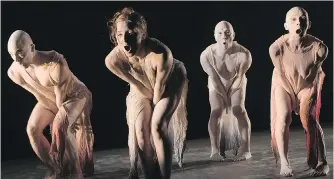  ??  ?? Billy Marchenski, Molly McDermott, Jay Hirabayash­i and Barbara Bourget are featured in Embryotrop­hic Cavatina, the latest from Vancouver butoh dance company Kokoro Dance.