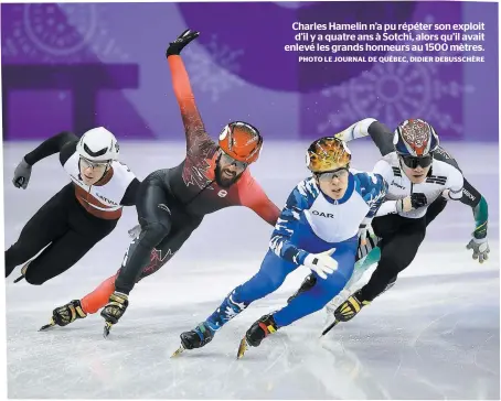  ??  ?? Charles Hamelin n’a pu répéter son exploit d’il y a quatre ans à Sotchi, alors qu’il avait enlevé les grands honneurs au 1500 mètres. PHOTO LE JOURNAL DE QUÉBEC, DIDIER DEBUSSCHÈR­E