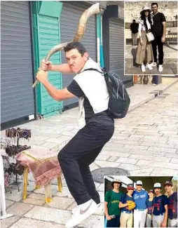  ?? (Danny Grossman) ?? SHOFAR SO GOOD for new Israeli Ian Kinsler, playing around in Jerusalem, with his wife at the Kotel (top inset) and teaching young blue-and-white baseball players (bottom inset) after his aliyah this month.