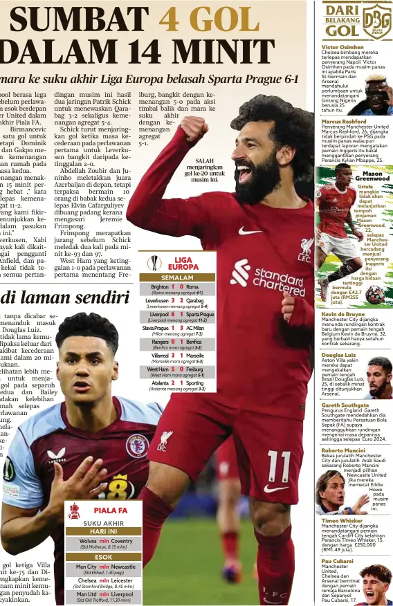  ?? ?? SALAH menjaringk­an gol ke-20 untuk musim ini.