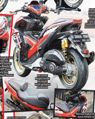  ?? ?? Saluran gas buang lebih lancar berkat knalpot Akrapovic Carbon dengan leher custom stainless steel
Bodinya berbalut airbrush dengan livery ala Yamaha 50th Anniversar­y
Seluruh bagian bodi kasar dilapis serat karbon kombinasi model anyaman( twill) dan forged