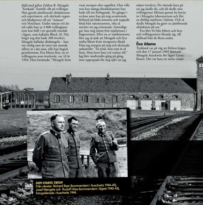  ??  ?? DEN SVARTA TRION
Från vänster: Richard Baer (kommendant i Auschwitz 1944–45), Josef Mengele och Rudolf Höss (kommendant i lägret 1940–43), fotografer­ade i Auschwitz 1944.