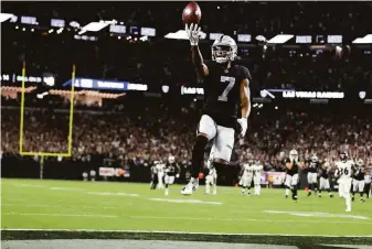  ?? Christian Petersen / Getty Images ?? Raiders wide receiver Zay Jones celebrates the game-winning touchdown at Allegiant Stadium. Las Vegas rallied to tie the game on three separate occasions in the fourth quarter.