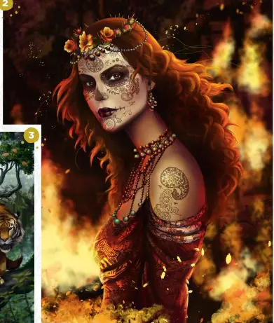  ??  ?? 2 Ch antico “This one is part of a personal series I was doing on Aztec and Mayan mythology. Chantico is the goddess of fire, the family hearth and volcanoes. [The painting] was initially much simpler, with details like the face paint and foreground...